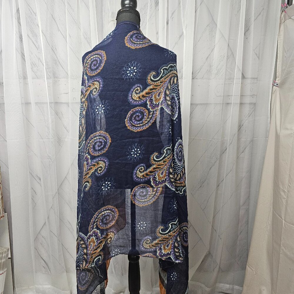 Unbranded Blue Orange Paisley Semi-Sheer Fringed Boho Scarf Shawl
